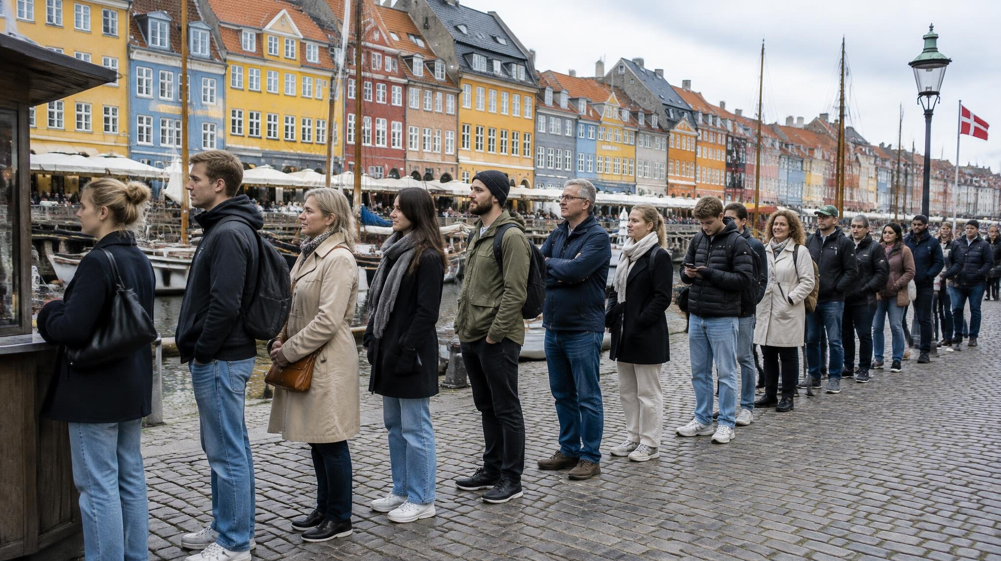 People queueing outside colorful houses in Nyhavn, Copenhagen