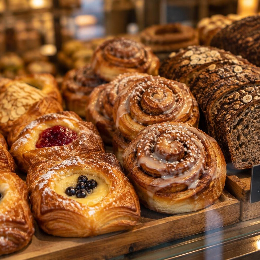 Close-up of traditional Danish pastries in a bakery window